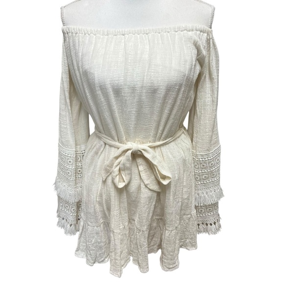 Judith March Cotton Gauze Bohemian Mini Dress With Dramatic Flared Sleeves Sz M - Picture 2 of 15